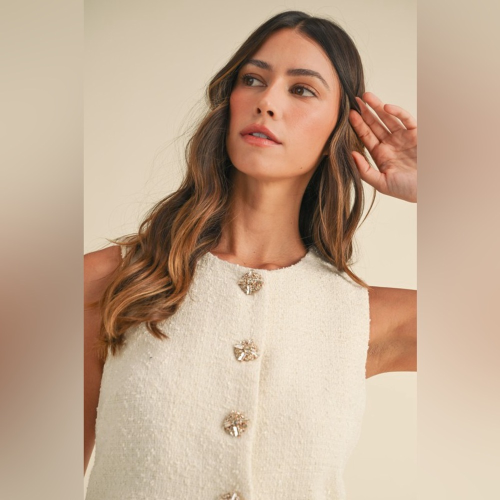 54. Sleeveless Tweed Top and Skirt Set with Jeweled Buttons in Cream - Picture 10 of 11